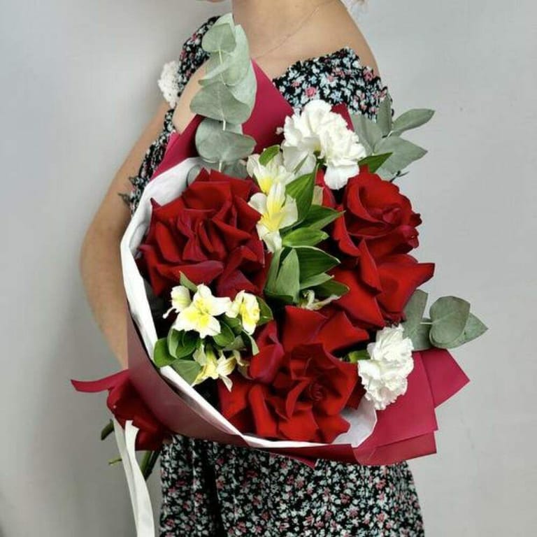 Red Roses White Carnations And Alstroemeria Bouquet-A795 - Image 3