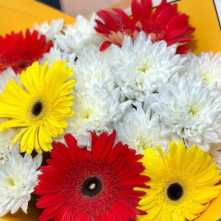 Red Yellow Gerbera And White Chrysanthemum Bouquet-A740 - Image 5