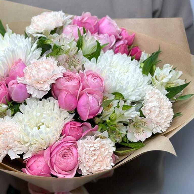 Pink Peony Roses White Chrysanthemum And Carnations Bouquet-A738 - Image 6