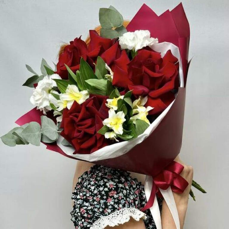 Red Roses White Carnations And Alstroemeria Bouquet-A795 - Image 4