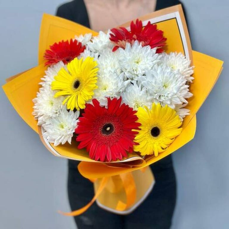 Red Yellow Gerbera And White Chrysanthemum Bouquet-A740 - Image 6