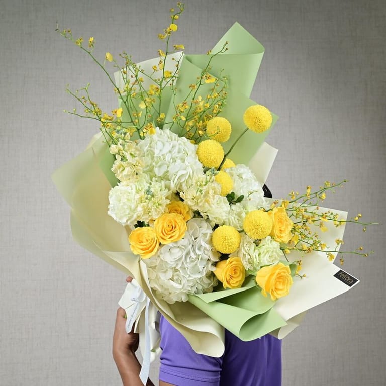 Yellow Roses White Hydrangea And pin pong Luxury Bouquet-A764 - Image 6