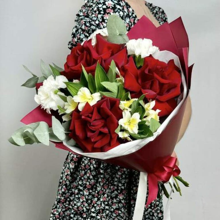 Red Roses White Carnations And Alstroemeria Bouquet-A795 - Image 5