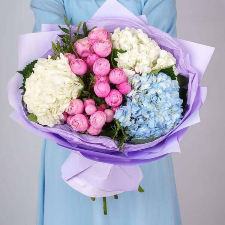 Pink Peony Roses And Mixed Hydrangea Luxury Bouquet-A787 - Image 6