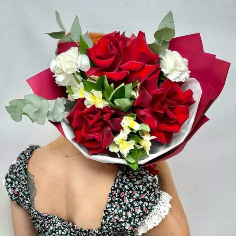 Red Roses White Carnations And Alstroemeria Bouquet-A795 - Image 6