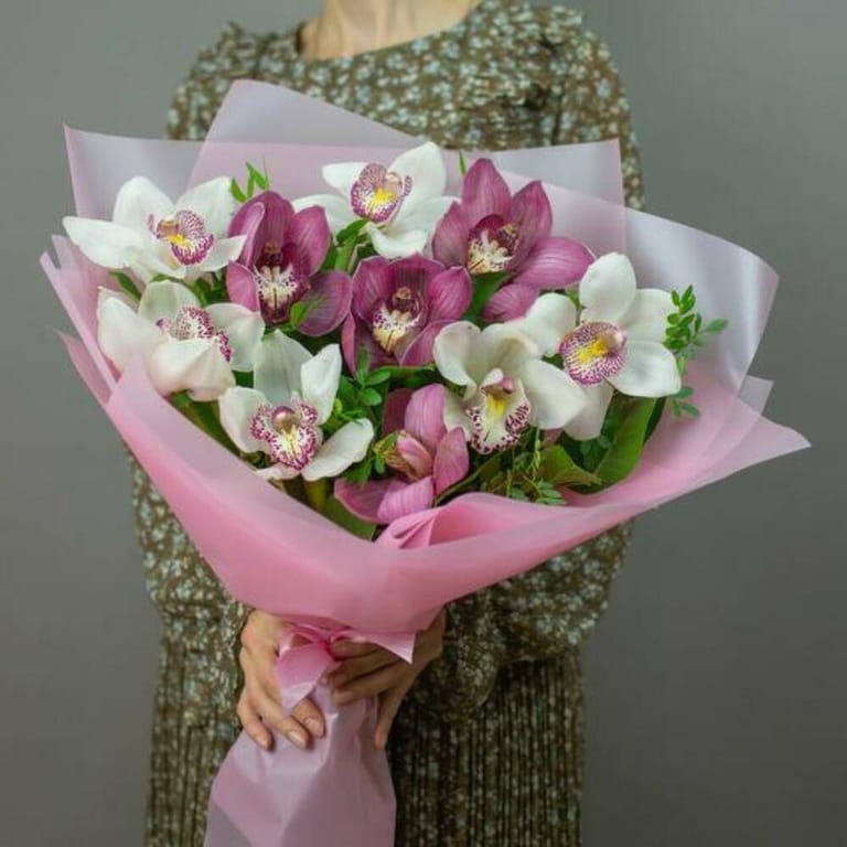 White And Pink Cymbidium Orchid Luxury Bouquet-A804 - Image 1