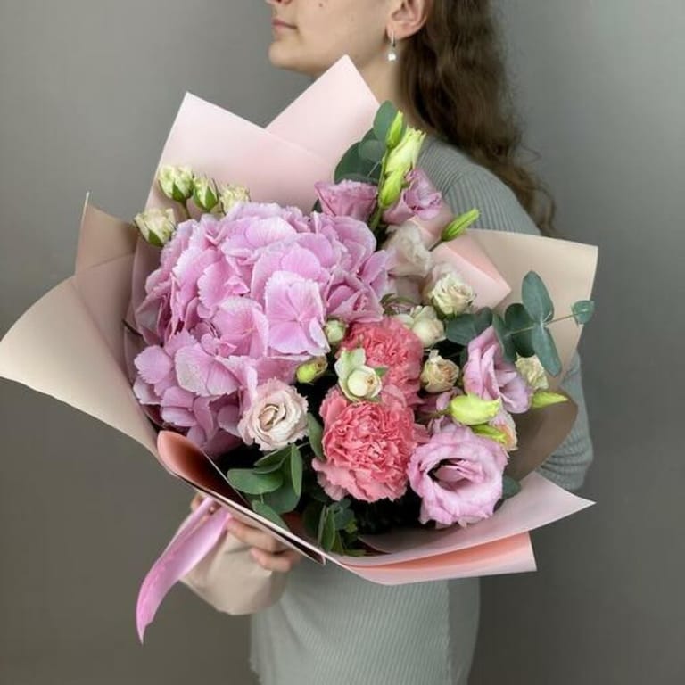 Pink Hydrangea Lisianthus And Carnation Luxury Bouquet-A817 - Image 1