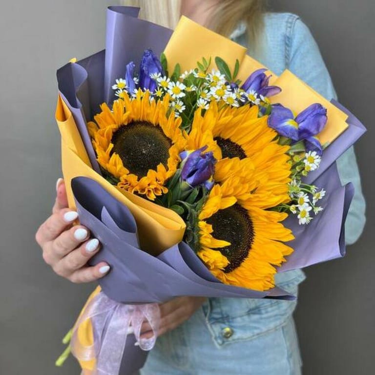 Sunflower And Blue Iris Luxury Bouquet-A822 - Image 1