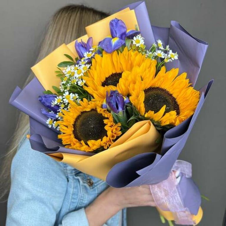 Sunflower And Blue Iris Luxury Bouquet-A822 - Image 2