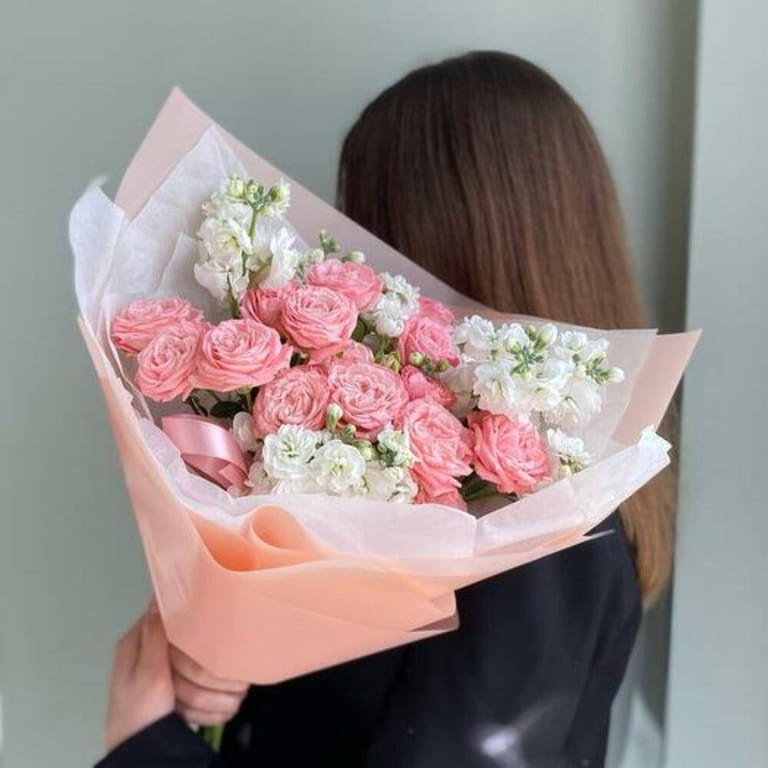 Pink Peony Roses And White Matthiola Luxury Bouquet-A825 - Image 1