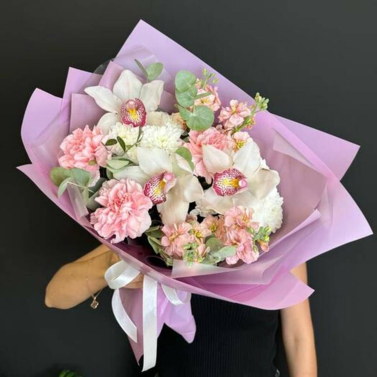 White Cymbidium Orchid Pink Matthiola And Carnation Luxury B-A826 - Image 1