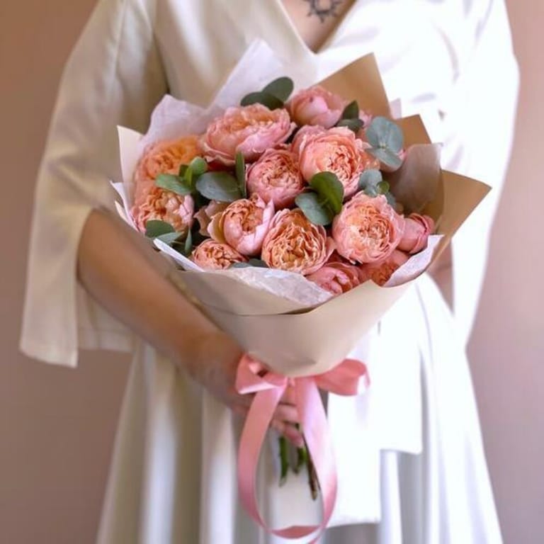 Julietta Peach Peony Roses And Eucalyptus Luxury Bouquet-A827 - Image 1