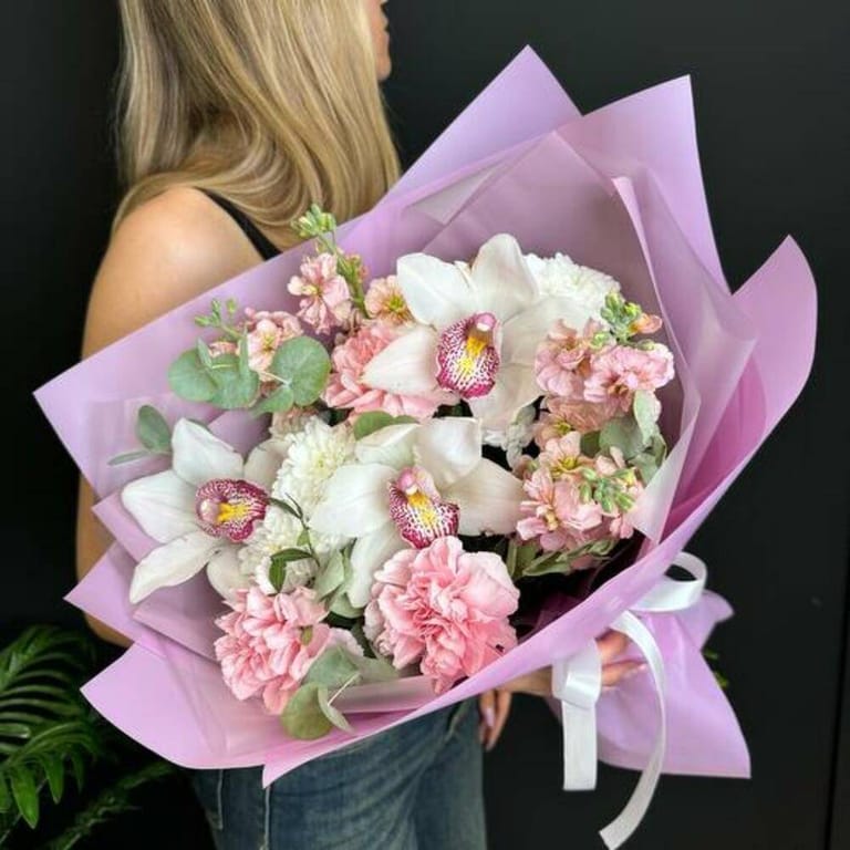 White Cymbidium Orchid Pink Matthiola And Carnation Luxury B-A826 - Image 2