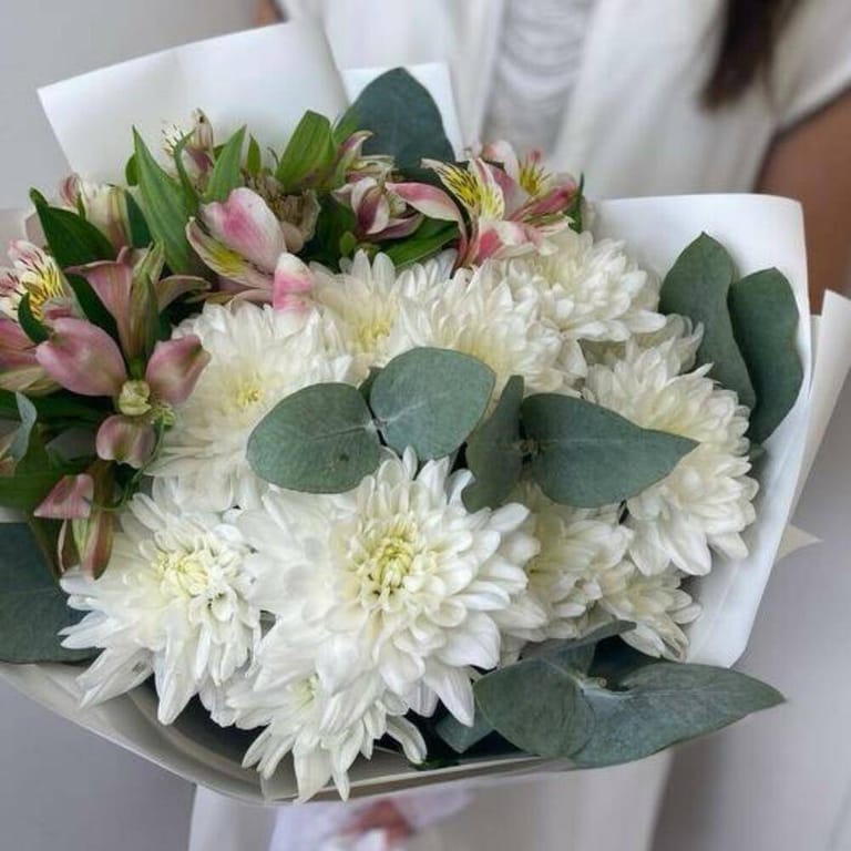 White Chrysanthemum And Pink Alstroemeria Luxury Bouquet-A828 - Image 2