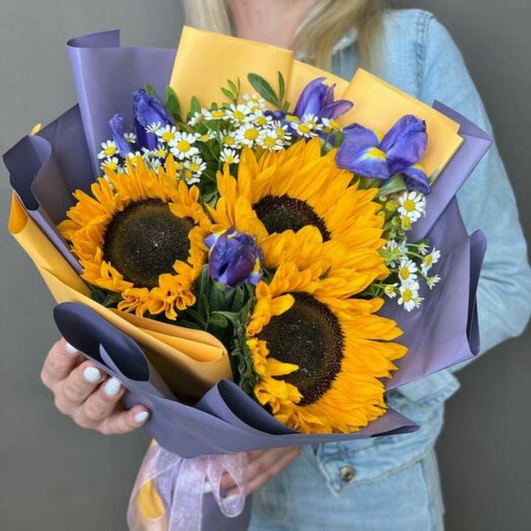 Sunflower And Blue Iris Luxury Bouquet-A822 - Image 4