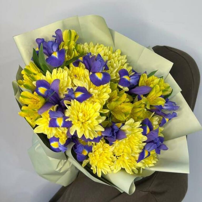 Golden Iris Yellow Chrysanthemum And Blue Iris Bouquet-A833 - Image 2