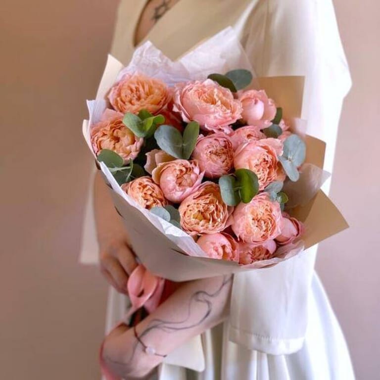 Julietta Peach Peony Roses And Eucalyptus Luxury Bouquet-A827 - Image 3