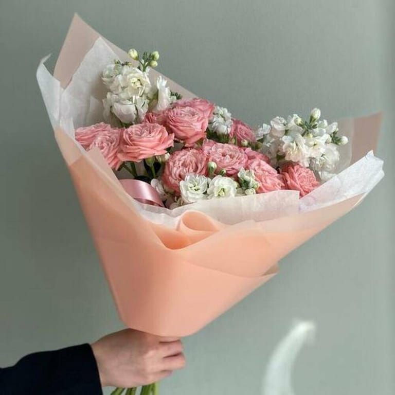 Pink Peony Roses And White Matthiola Luxury Bouquet-A825 - Image 4