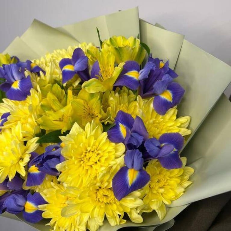 Golden Iris Yellow Chrysanthemum And Blue Iris Bouquet-A833 - Image 3