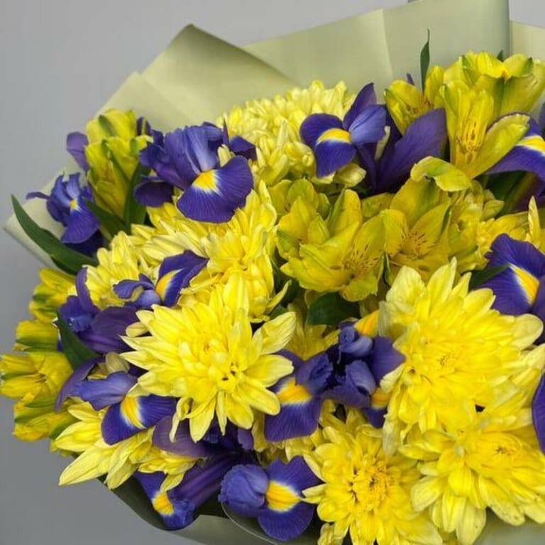 Golden Iris Yellow Chrysanthemum And Blue Iris Bouquet-A833 - Image 5