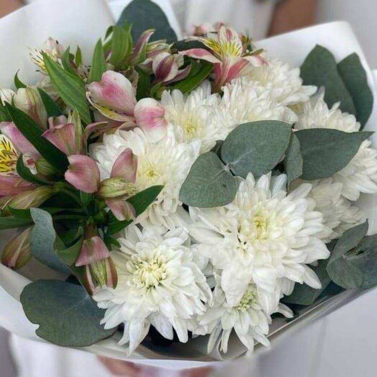 White Chrysanthemum And Pink Alstroemeria Luxury Bouquet-A828 - Image 6