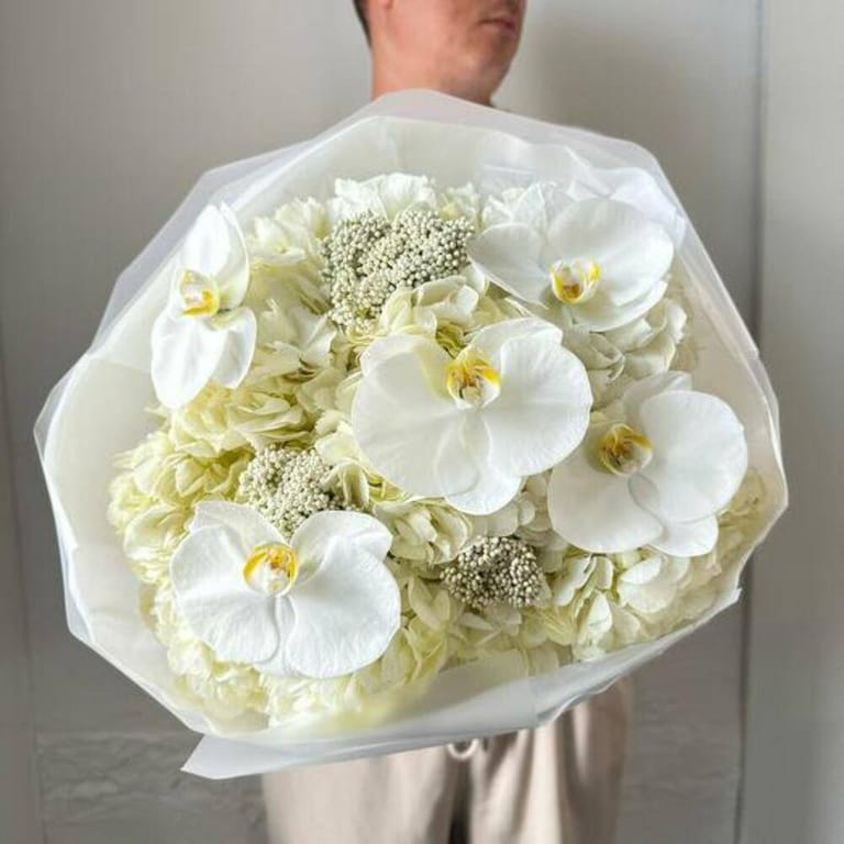 White Hydrangea And Phalaenopsis Orchid Bouquet-A919 - Image 1