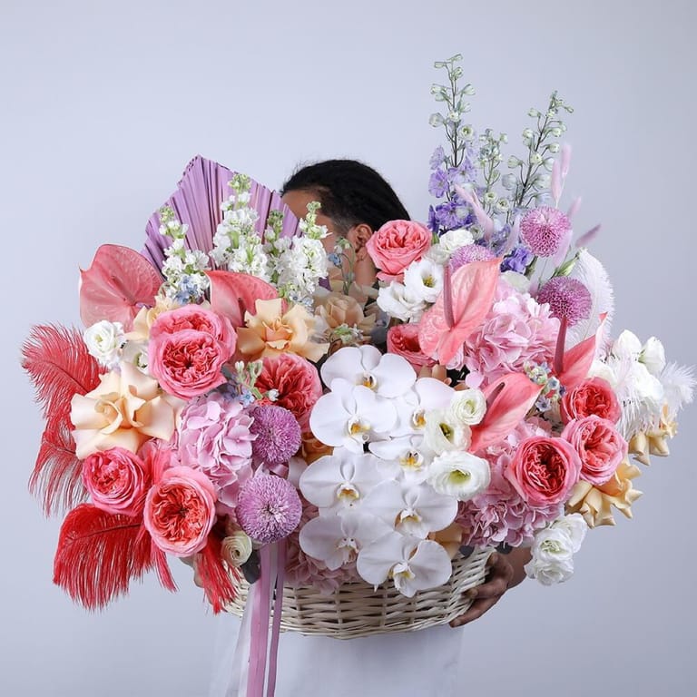 Luxury Pink Roses Orchids And Hydrangea Flower Basket-A921 - Image 3