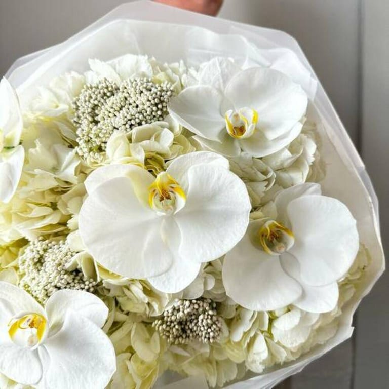 White Hydrangea And Phalaenopsis Orchid Bouquet-A919 - Image 4