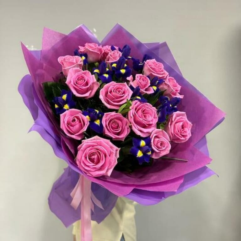 Pink Roses And Blue Iris Bouquet-A934 - Image 1