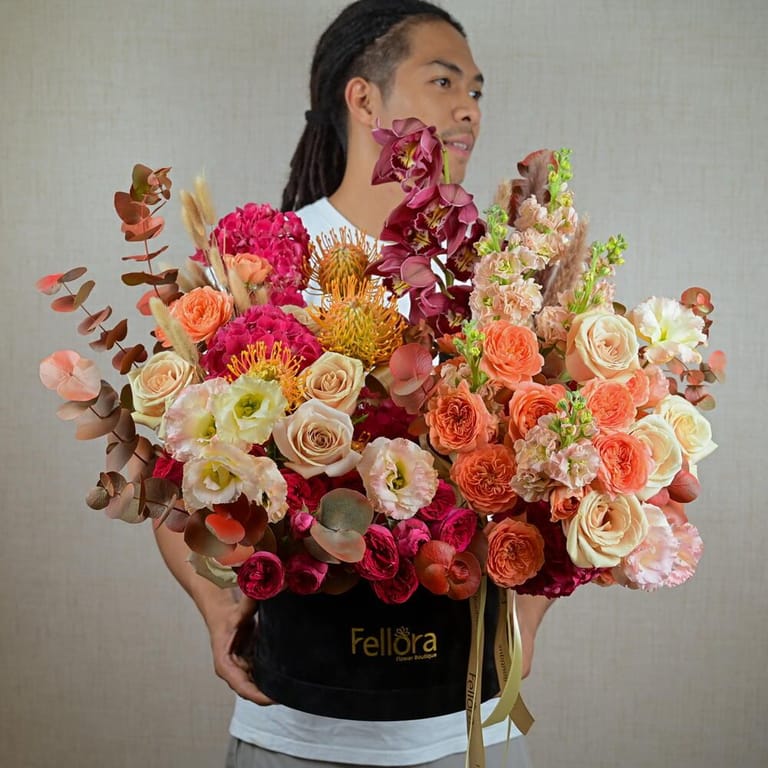 Luxury Coral Roses And Cymbidium Orchid Flower Box-A928 - Image 3