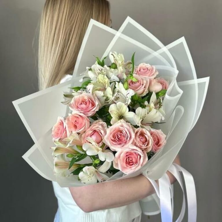 Pink Spray Roses And White Alstroemeria Bouquet-A936 - Image 1