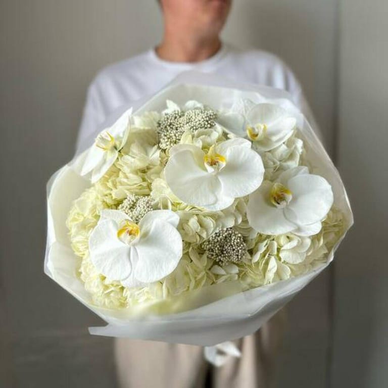 White Hydrangea And Phalaenopsis Orchid Bouquet-A919 - Image 6