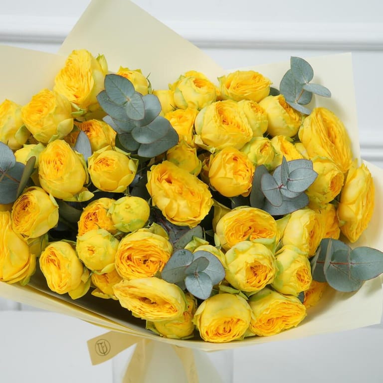 Yellow Peony Roses And Eucalyptus Bouquet-A938 - Image 2
