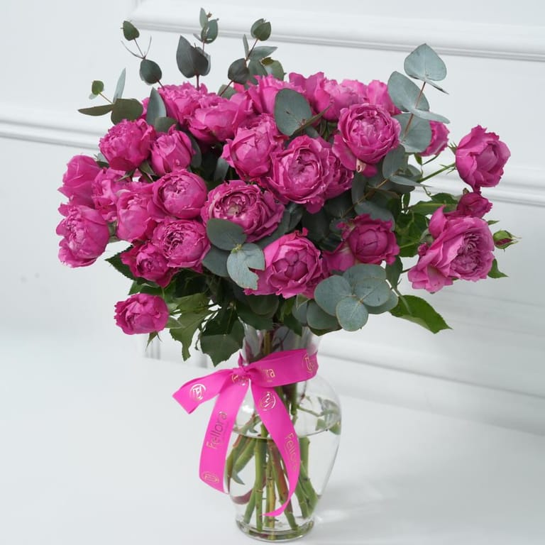 Hot Pink Peony Spray Roses And Eucalyptus Vase Arrangement-A942 - Image 1