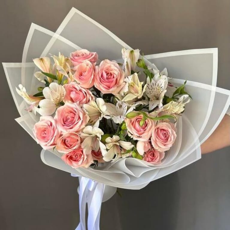 Pink Spray Roses And White Alstroemeria Bouquet-A936 - Image 3