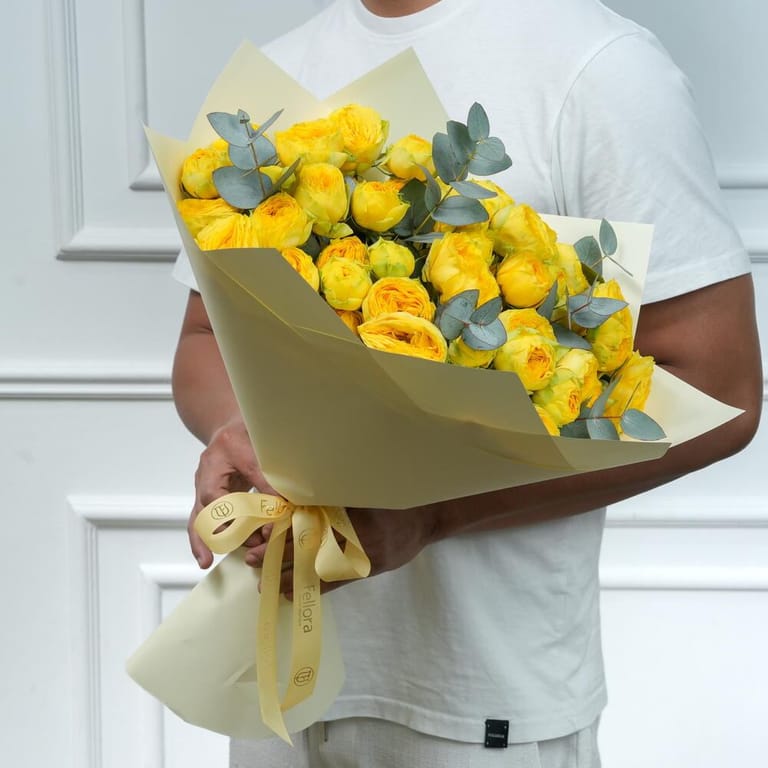 Yellow Peony Roses And Eucalyptus Bouquet-A938 - Image 3
