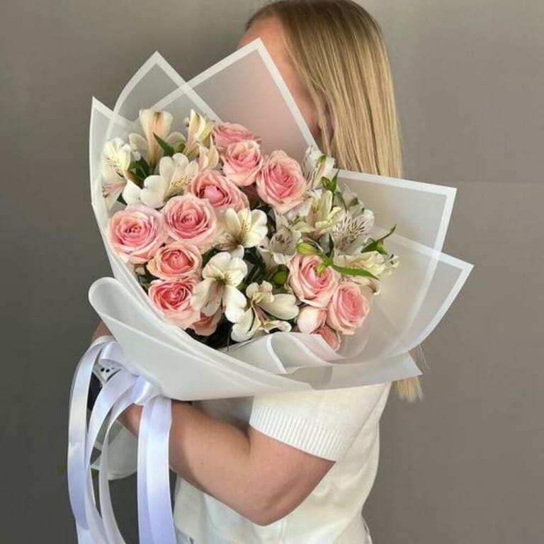Pink Spray Roses And White Alstroemeria Bouquet-A936 - Image 4