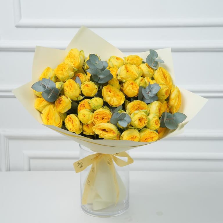 Yellow Peony Roses And Eucalyptus Bouquet-A938 - Image 5