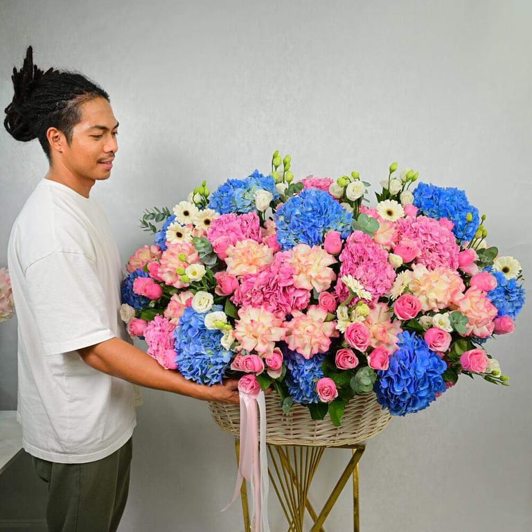 Luxury Pink And Blue Hydrangea Grand Flower Basket-A984 - Image 1