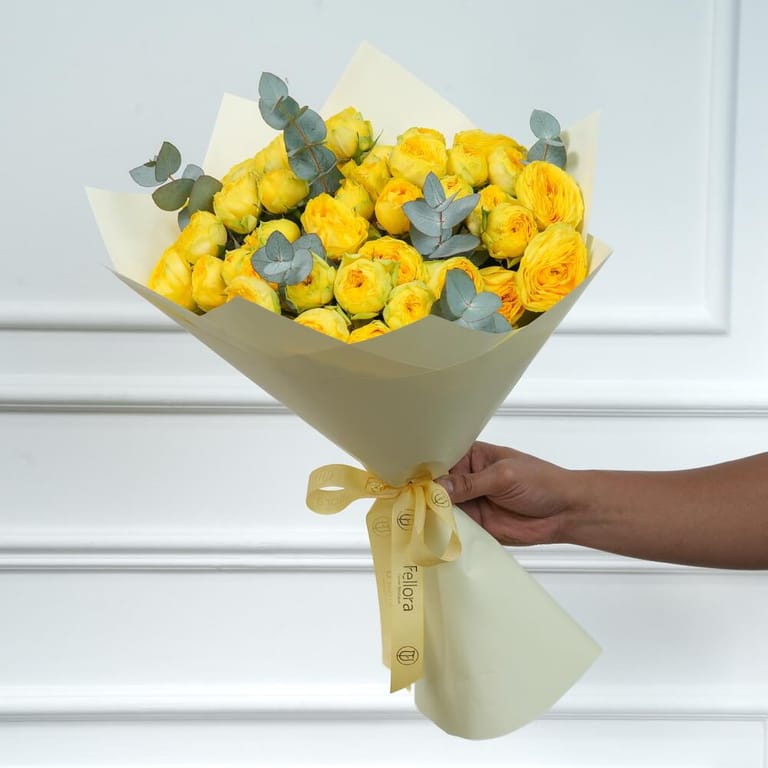 Yellow Peony Roses And Eucalyptus Bouquet-A938 - Image 6