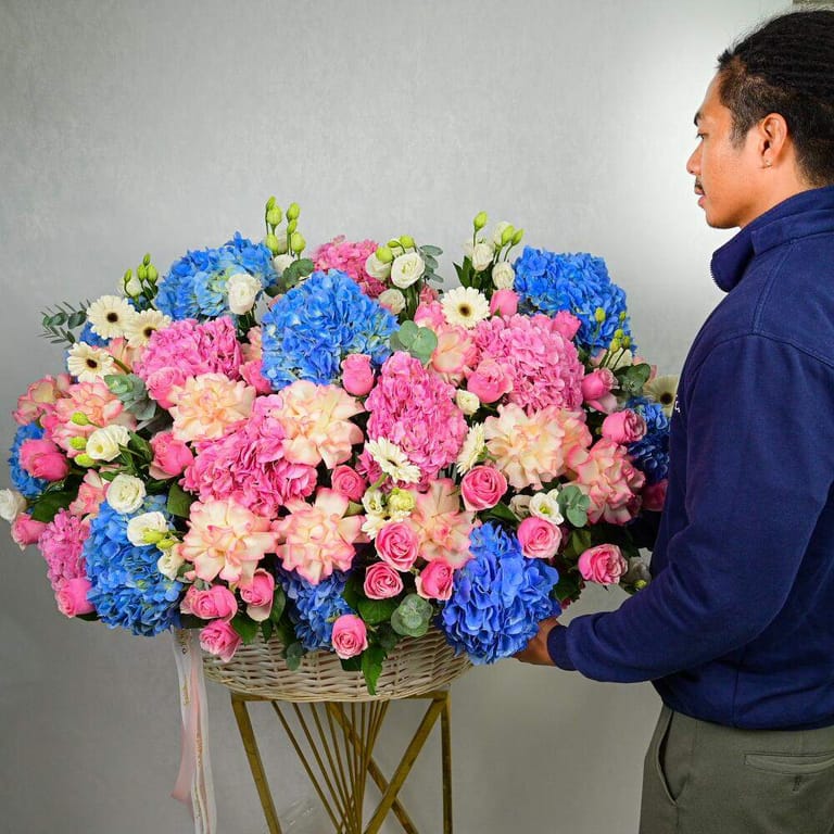 Luxury Pink And Blue Hydrangea Grand Flower Basket-A984 - Image 3