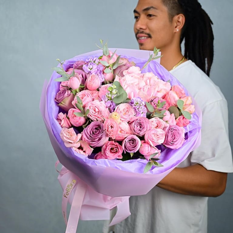 Paris Flowers Pink Hydrangea And Mixed Roses Bouquet-A1003 - Image 1