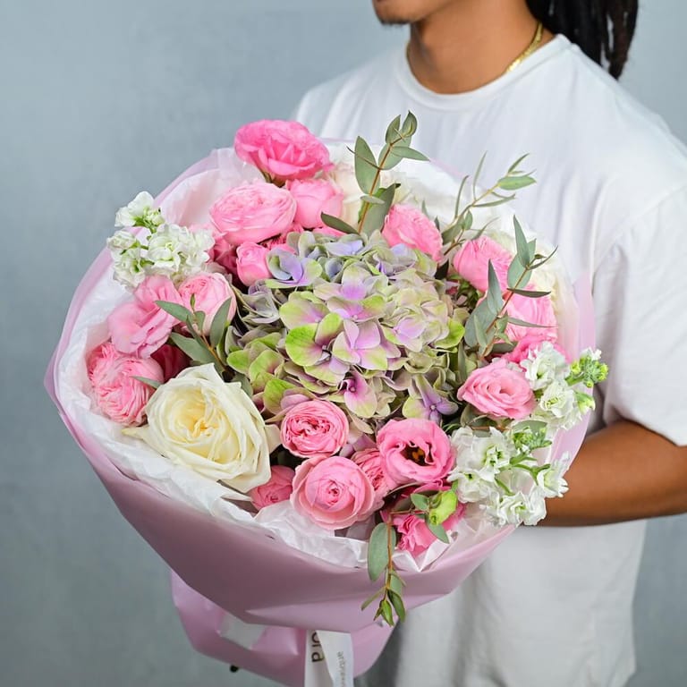 Pink Peony Roses And Hydrangea Luxury Bouquet-A1005 - Image 1