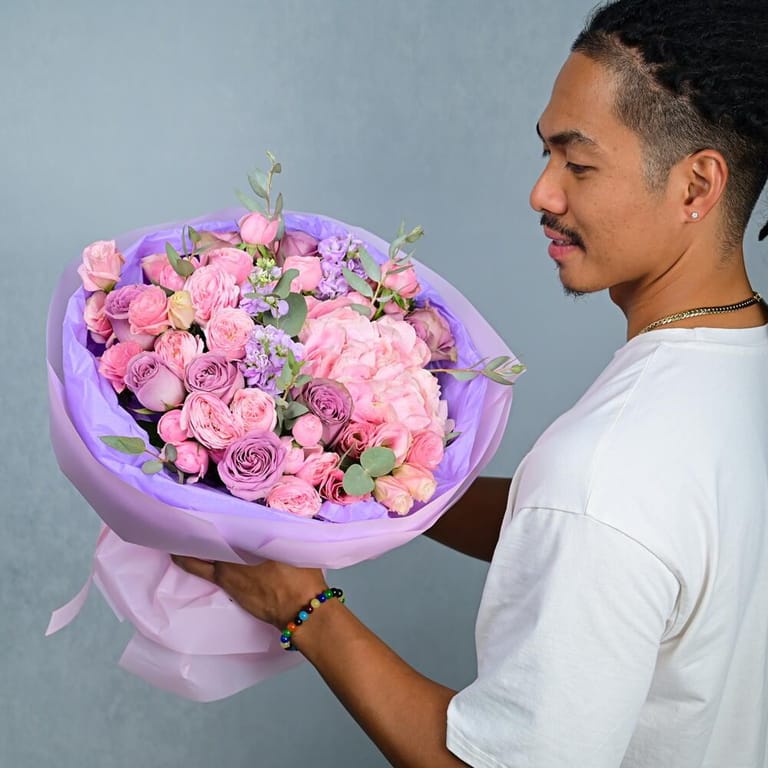 Paris Flowers Pink Hydrangea And Mixed Roses Bouquet-A1003 - Image 3