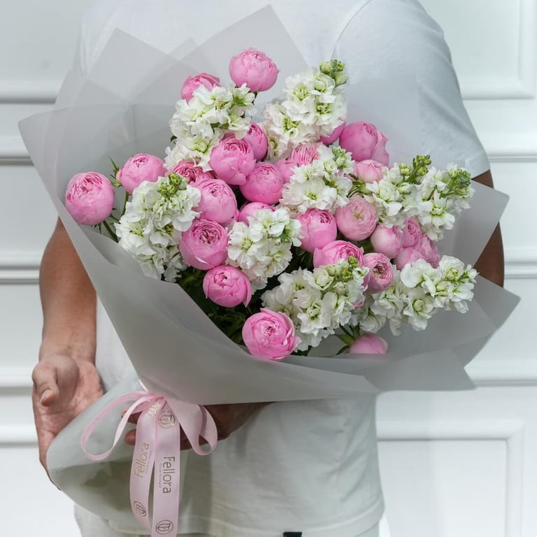 Pink Peony Roses And White Matthiola Elegant Bouquet-A1022 - Image 1