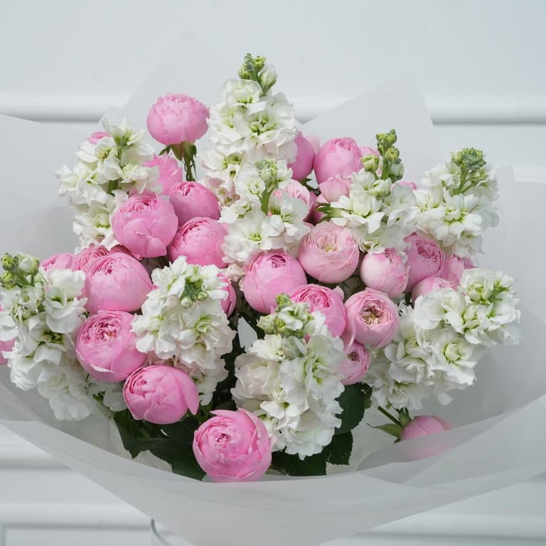 Pink Peony Roses And White Matthiola Elegant Bouquet-A1022 - Image 2