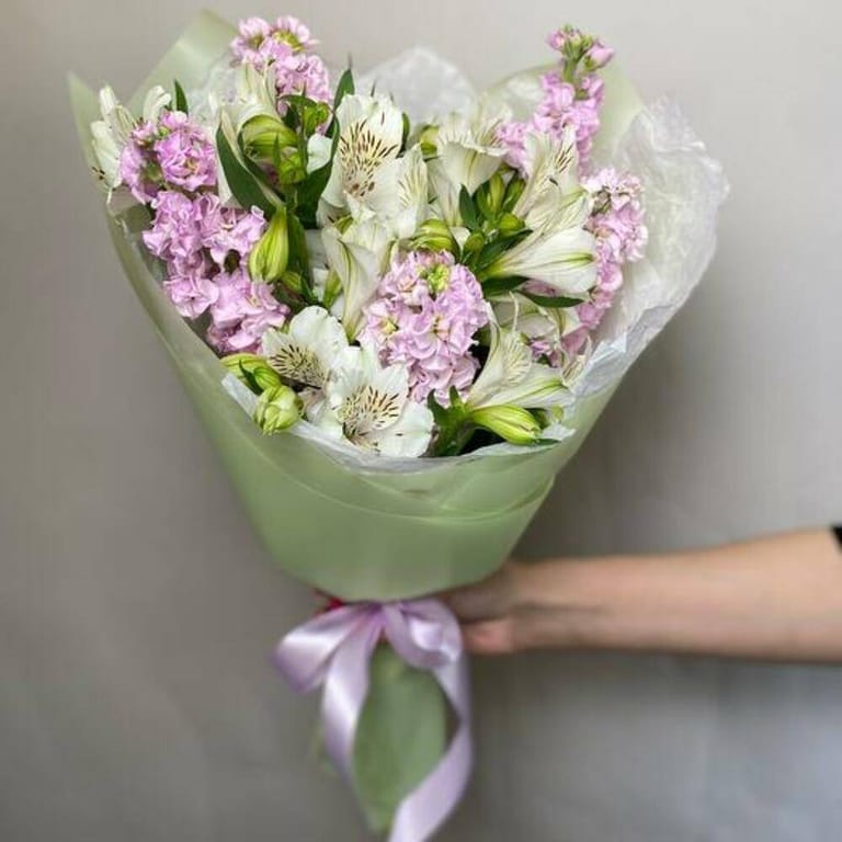 White Alstroemeria And Pink Matthiola Elegant Bouquet-A1033 - Image 1