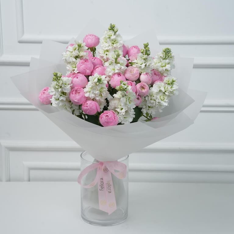 Pink Peony Roses And White Matthiola Elegant Bouquet-A1022 - Image 3
