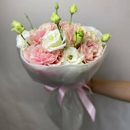 Pink Roses And White Lisianthus Elegant Bouquet-A1035