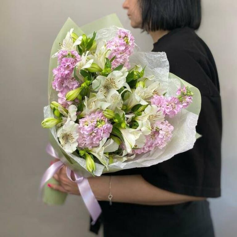 White Alstroemeria And Pink Matthiola Elegant Bouquet-A1033 - Image 2
